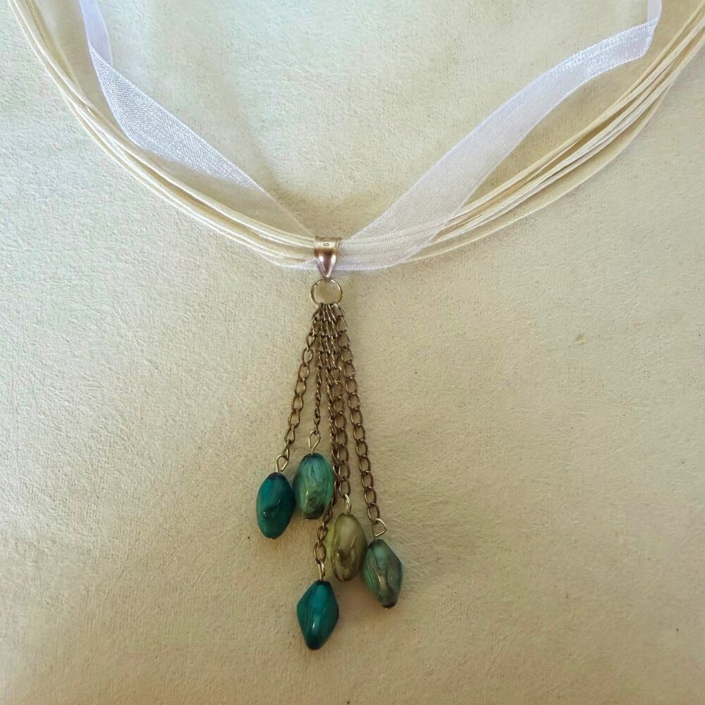 Blue Beaded Pendant Off White Organza Necklace Silver Chain Handcrafted New Gift